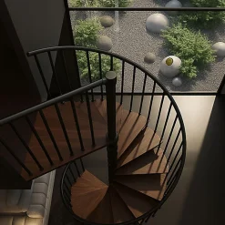 Escalier colimaçon 15 marches - Haut. à franchir 3.08 à 3.60m - Diam. 120cm - Trémie ronde - Struct. anthracite / marches noyer --Matisere Discount