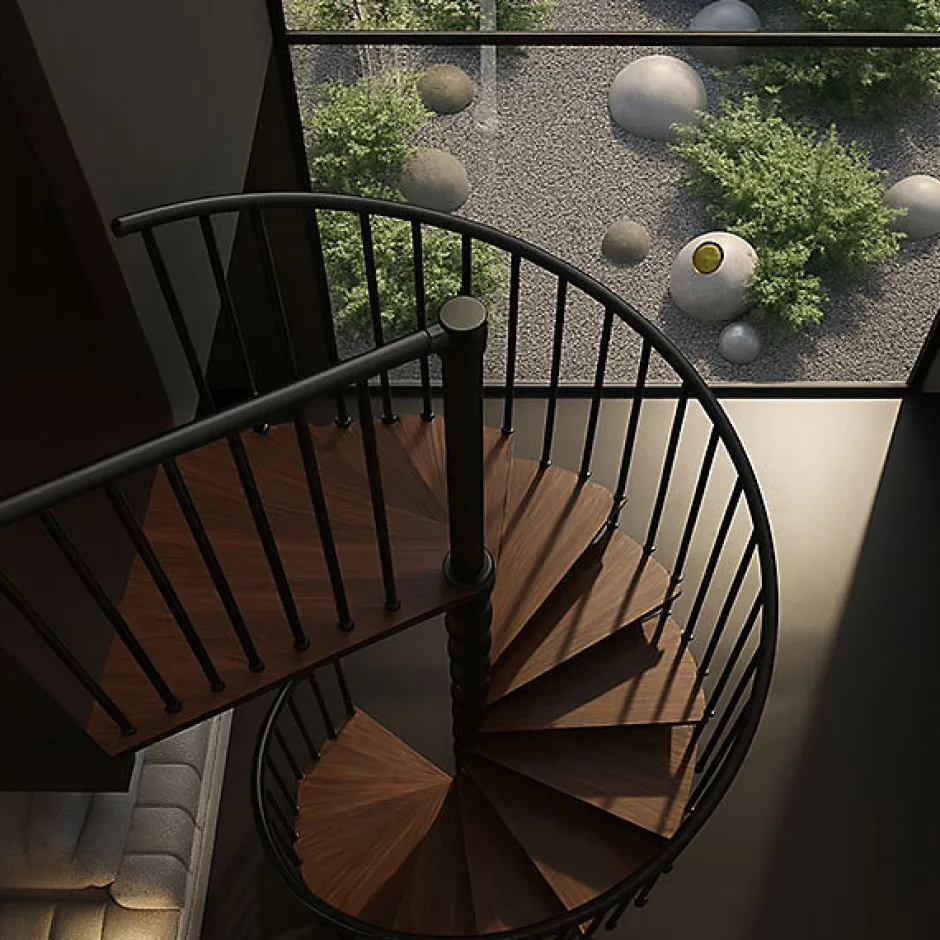 Matisere Escalier colimaçon 10 marches - Haut. à franchir 2.05 à 2.40m - Diam. 140cm - Struct. anthracite / marches noyer - Trémie ronde -