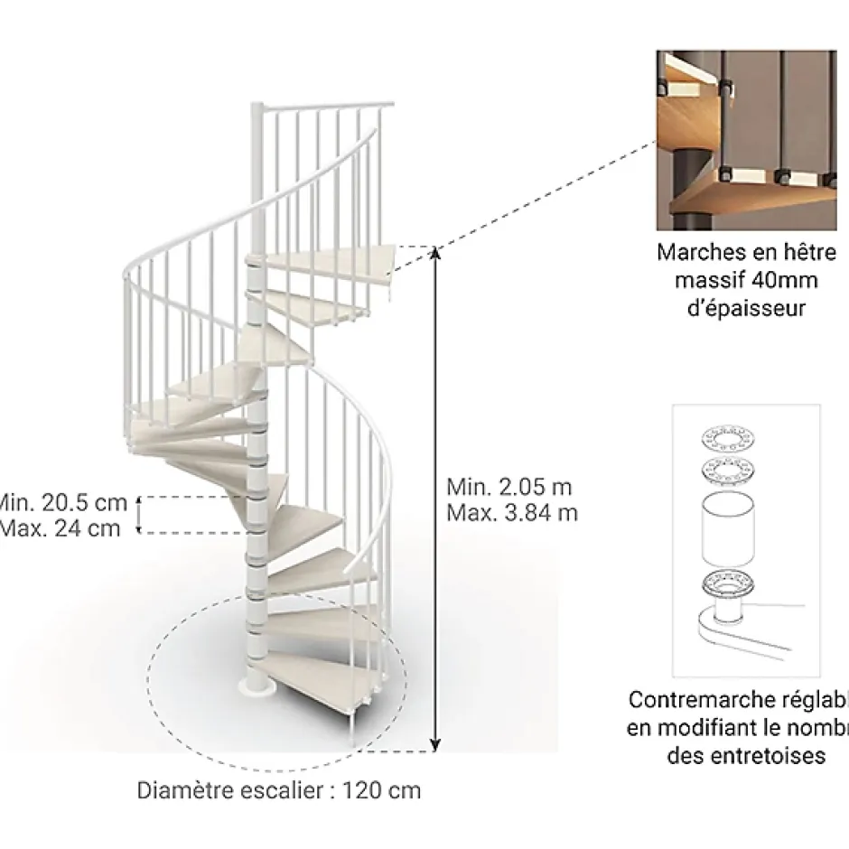 Escalier colimaçon 13 marches - Haut. à franchir 2.67 à 3.12m - Diam. 120cm - Trémie ronde - Struct. blanche / marches blanchi --Matisere Hot