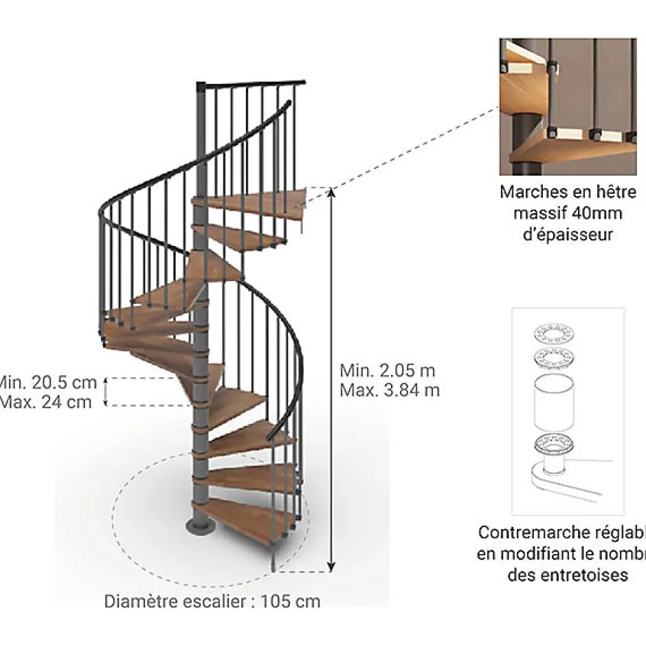 Matisere Escalier colimaçon 13 marches - Hauteur à franchir de 2.67m à 3.12m - Diamètre 1.05m - Structure anthracite et marche noyer -
