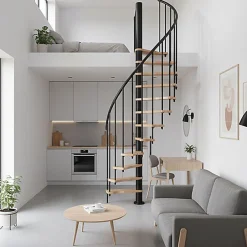 Escalier colimaçon 12 marches - Hauteur à franchir 2.47 à 3.05m - Structure noire et marche hêtre - Diamètre 140cm - SUON140/NH-12-Matisere New