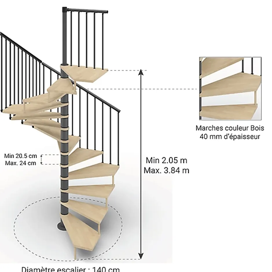 Escalier colimaçon 10 marches - Haut. à franchir 2.05 à 2.40m - Diam. 140cm - Trémie carrée - structure grise / marches naturel --Matisere Discount
