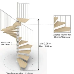 Escalier colimaçon 12 marches - Haut. à franchir 2.46 à 2.88m - Diam. 120cm - Trémie carrée - Struct. blanche / marches naturel --Matisere Discount