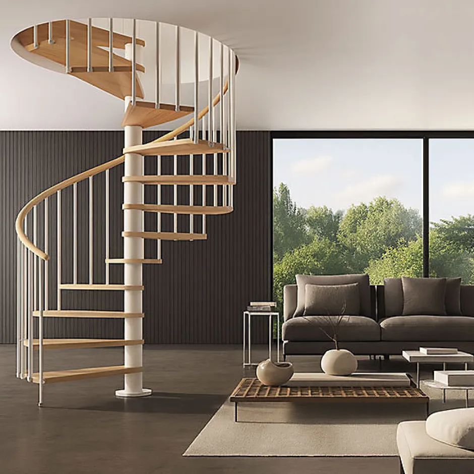 Matisere Escalier colimaçon 12 marches - Haut. à franchir 2.46 à 2.88m - Diam. 120cm - Trémie ronde - Struct. blanche / marches naturel -