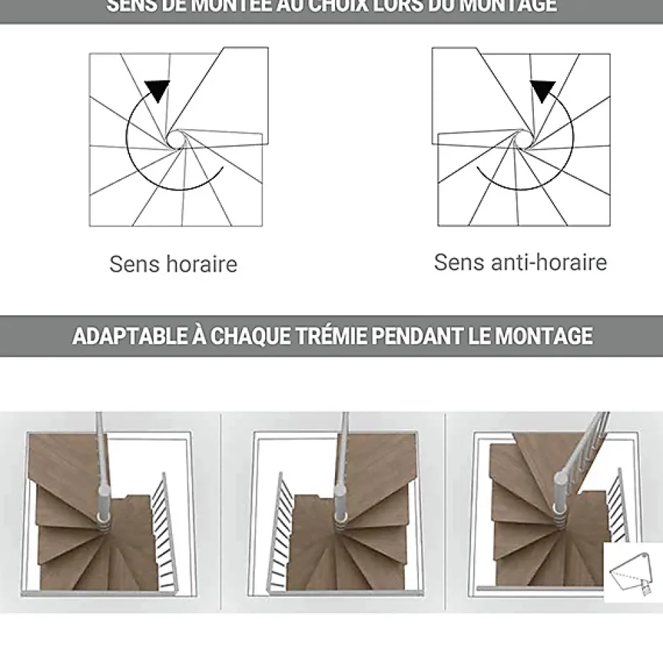 Escalier colimaçon 11 marches - Haut. à franchir 2.26 à 2.64m - Diam. 120cm - Trémie carrée - Struct. blanche / marches naturel --Matisere Online