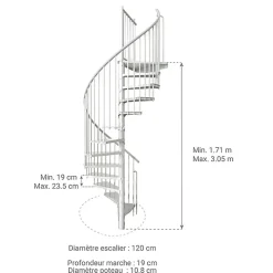 Matisere Escalier colimaçon métal 9 marches - Hauteur à franchir 1.71 à 2.12m - Diamètre 120cm - Structure blanche et marche blanche -