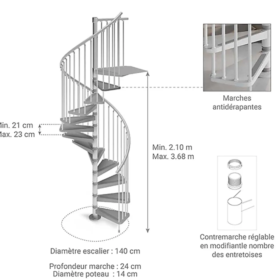 Escalier colimaçon métal 11 marches - Hauteur à franchir 2.31 à 2.53m - Diamètre 140cm - Blanc - GAMIA140/BB-11-Matisere Hot