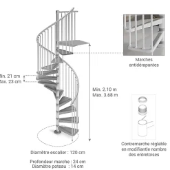 Escalier colimaçon métal 13 marches - Hauteur à franchir 2.73 à 2.99m - Diamètre 120cm - Gris - GAMIA120/GG-13-Matisere Discount