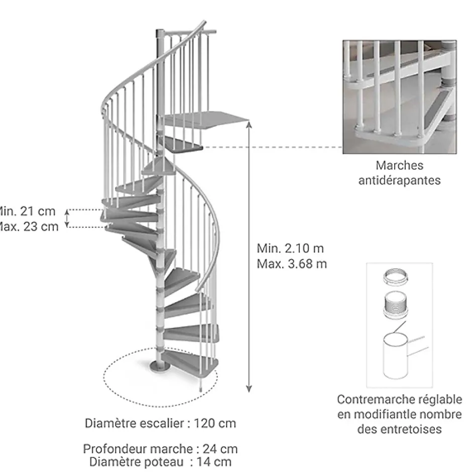 Escalier colimaçon métal 10 marches - Hauteur à franchir 2.10 à 2.30m - Diamètre 120cm - Blanc - GAMIA120/BB-10-Matisere