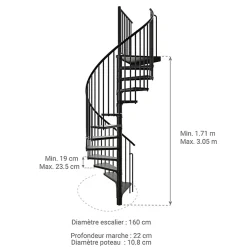 Escalier colimaçon métal 9 marches - Hauteur à franchir 1.71 à 2.12m - Diamètre 160cm - Noir - RONDO160-NN-9-Matisere Online