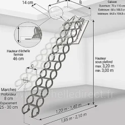Escalier coupe feu 60min - Hauteur sous plafond 3.20m - Trémie 70x110cm - LSF70110-320-Matisere Discount