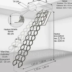 Escalier coupe feu 60min - Hauteur sous plafond 3.00m - Trémie 70x120cm - LSF70120-300-Matisere Clearance