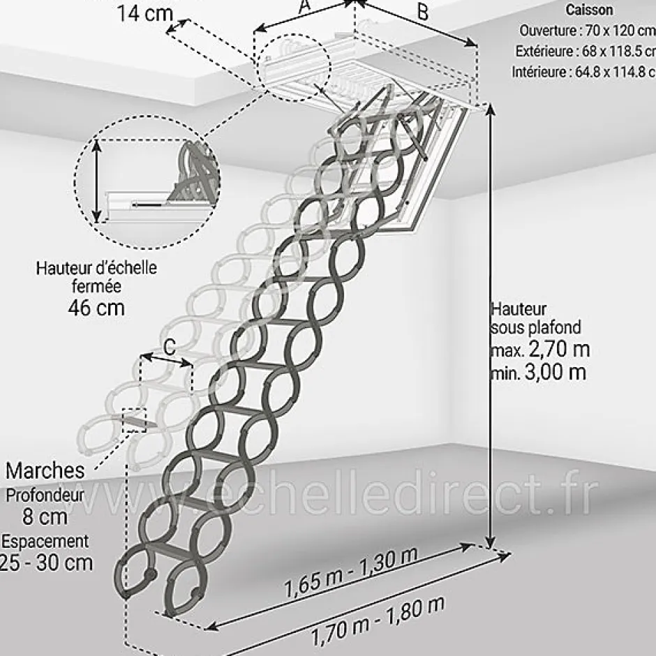 Escalier coupe feu 60min - Hauteur sous plafond 3.00m - Trémie 70x120cm - LSF70120-300-Matisere Clearance