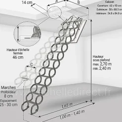 Matisere Escalier coupe feu 60min - Hauteur sous plafond 2.70m - Trémie 60x90cm - LSF6090/270