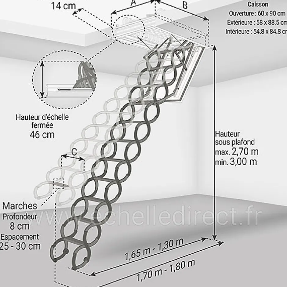 Matisere Escalier coupe feu 60min - Hauteur sous plafond 3.00m - Trémie 60x90cm - LSF6090-300