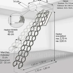 Escalier coupe feu 60min - Hauteur sous plafond 3.00m - Trémie 70x110cm - LSF70110-300-Matisere Online