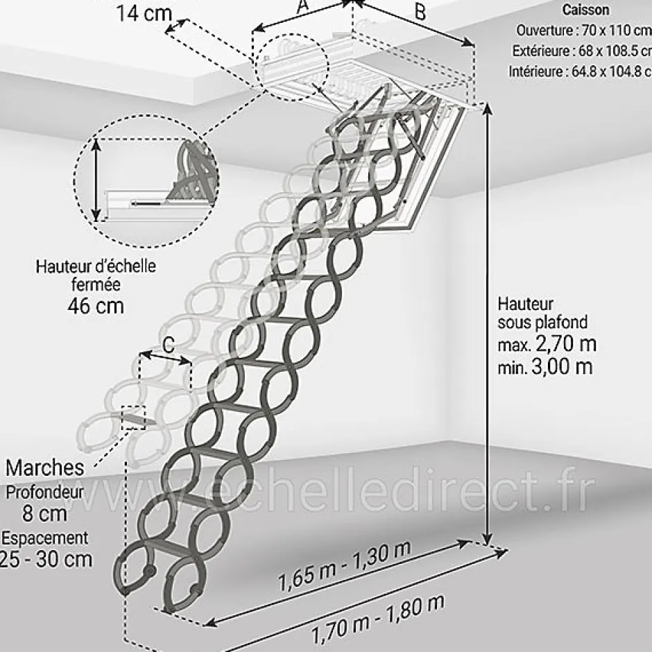 Escalier coupe feu 60min - Hauteur sous plafond 3.00m - Trémie 70x110cm - LSF70110-300-Matisere Online