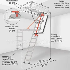 Matisere Escalier coupe feu 120min - Hauteur sous plafond 2.80m - Trémie 70x120cm - LMF70120-280