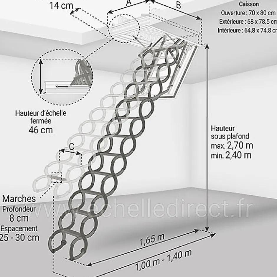 Escalier coupe feu 60min - Hauteur sous plafond 2.70m - Trémie 70x80cm - LSF7080/270-Matisere
