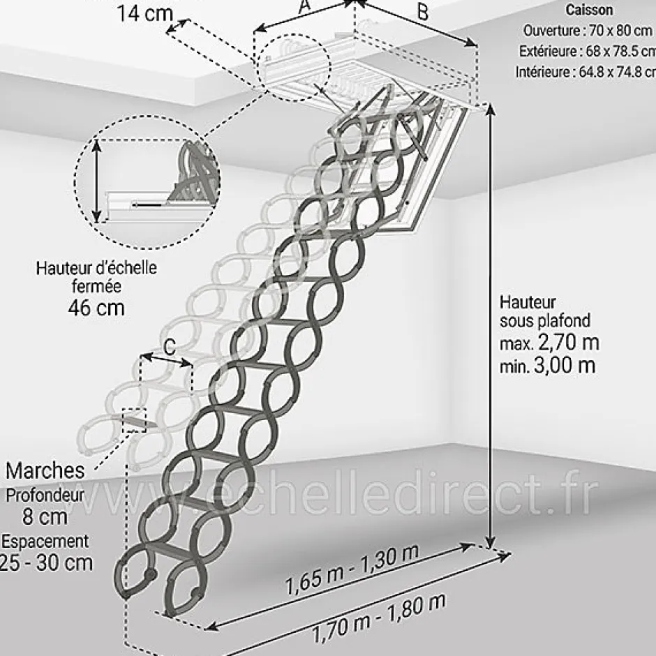 Matisere Escalier coupe feu 60min - Hauteur sous plafond 3.00m - Trémie 70x80cm - LSF7080-300