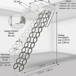 Matisere Escalier coupe feu 60min - Hauteur sous plafond 2.70m - Trémie 70x120cm - LSF70120/270