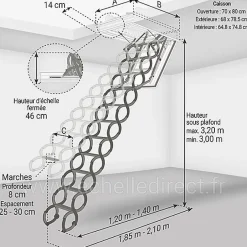 Matisere Escalier coupe feu 60min - Hauteur sous plafond 3.20m - Trémie 70x80cm - LSF7080-320