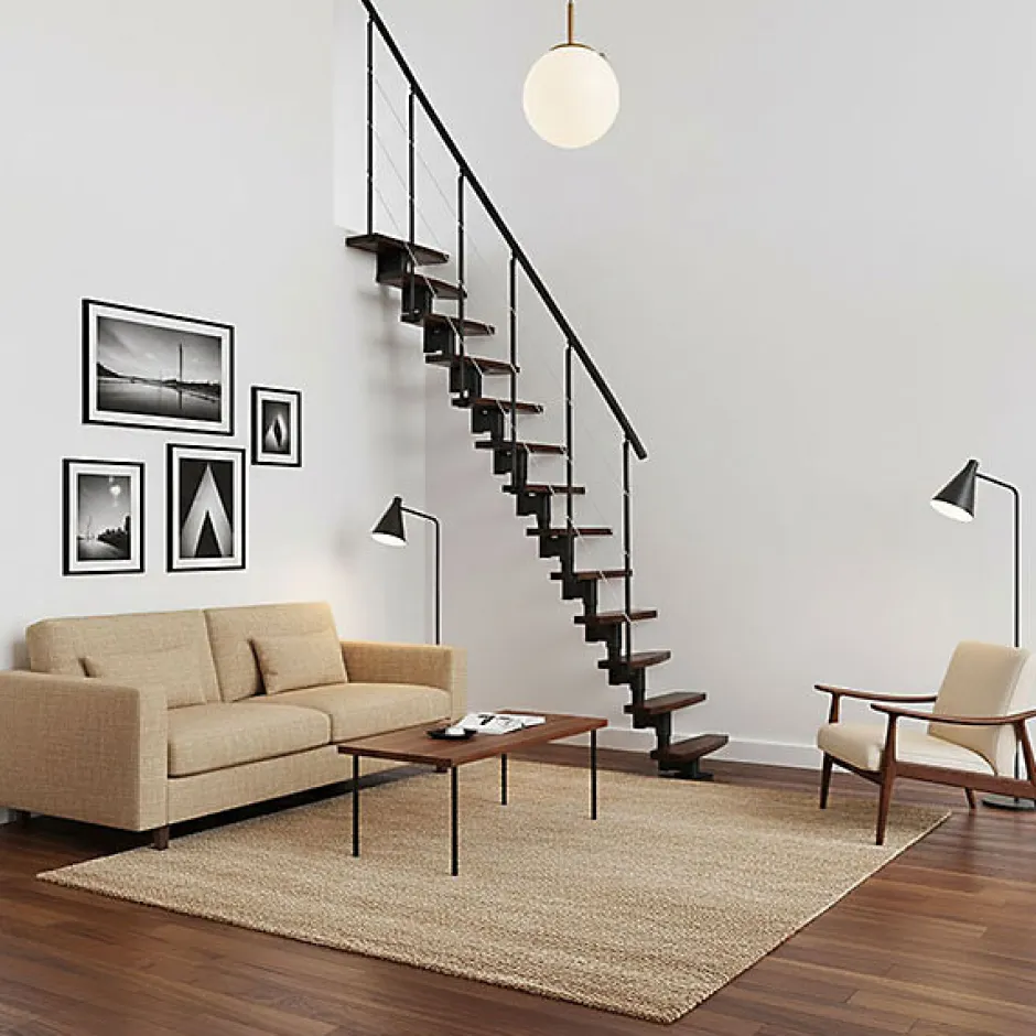 Matisere Escalier droit 13 marches - Hauteur à franchir 2.41 à 3.17m- Largeur 65cm - Structure noire et marche noyer - NIZZA60/I/SNMNO-13