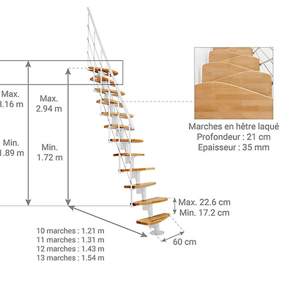Matisere Escalier droit 13 marches - Hauteur à franchir 2.41 à 3.17m - Largeur 65cm - Structure blanche et marche hêtre - NIZZA60/I/BN-13