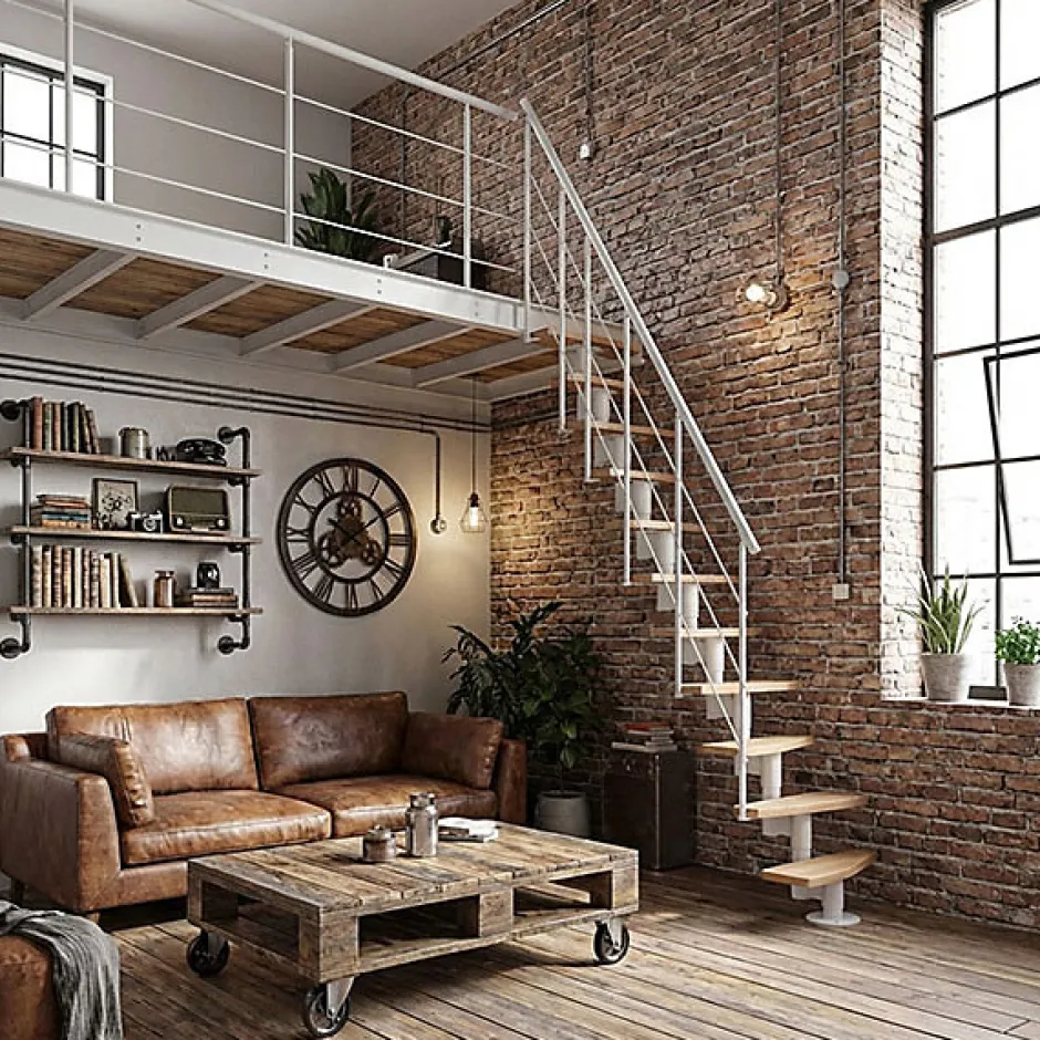 Matisere Escalier droit 13 marches - Hauteur à franchir 2.41 à 3.17m - Largeur 65cm - Structure blanche et marche hêtre - NIZZA60/I/BN-13