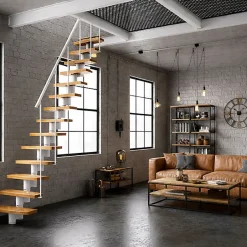 Matisere Escalier droit 13 marches - Hauteur à franchir 2.41 à 3.17m - Largeur 65cm - Structure blanche et marche hêtre - NIZZA60/I/BN-13