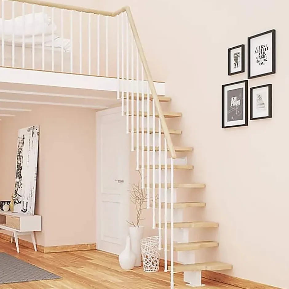 Escalier droit 9 marches - Hauteur à franchir de 2.01 à 2.37m - Largeur 61cm - Couleur naturel et blanc - MINI61/I/SBMNAT-9-Matisere Clearance