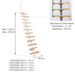Escalier droit 9 marches - Hauteur à franchir 1.72 à 2,26m - Blanc et hêtre - TWISTER60-I-BH-9-Matisere Clearance