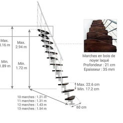 Escalier droit 10 marches - Hauteur à franchir 1.89 à 2.49m- Largeur 65cm - Structure blanche et marche noyer - NIZZA60/I/SBMNO-10-Matisere New
