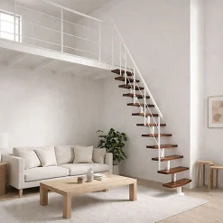 Escalier droit 11 marches - Hauteur à franchir 2.06 à 2.70m - Largeur 65cm - Structure blanche et marche noyer --Matisere