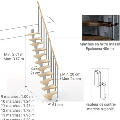 Matisere Escalier droit 13 marches - Hauteur à franchir de 2.81 à 3.33m - Largeur 61cm - Couleur naturel et blanc - MINI61/I/SGMNAT-13