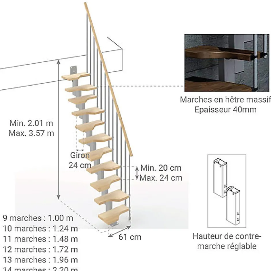 Matisere Escalier droit 13 marches - Hauteur à franchir de 2.81 à 3.33m - Largeur 61cm - Couleur naturel et blanc - MINI61/I/SGMNAT-13