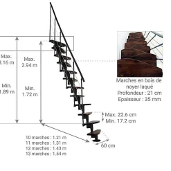 Matisere Escalier droit 11 marches - Hauteur à franchir 2.06 à 2.70m- Largeur 65cm - Structure noire et marche noyer - NIZZA60/I/SNMNO-11