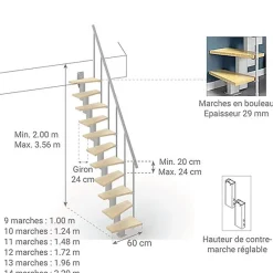 Matisere Escalier droit 10 marches - Hauteur à franchir de 2.20 à 2.60m - Largeur 60cm - Couleur bois et blanc - SMALL60/I-SGNAT-10