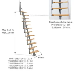 Escalier droit 10 marches - Hauteur à franchir 1.89 à 2.48m - Gris et hêtre - TWISTER60-I-GH-10-Matisere Sale