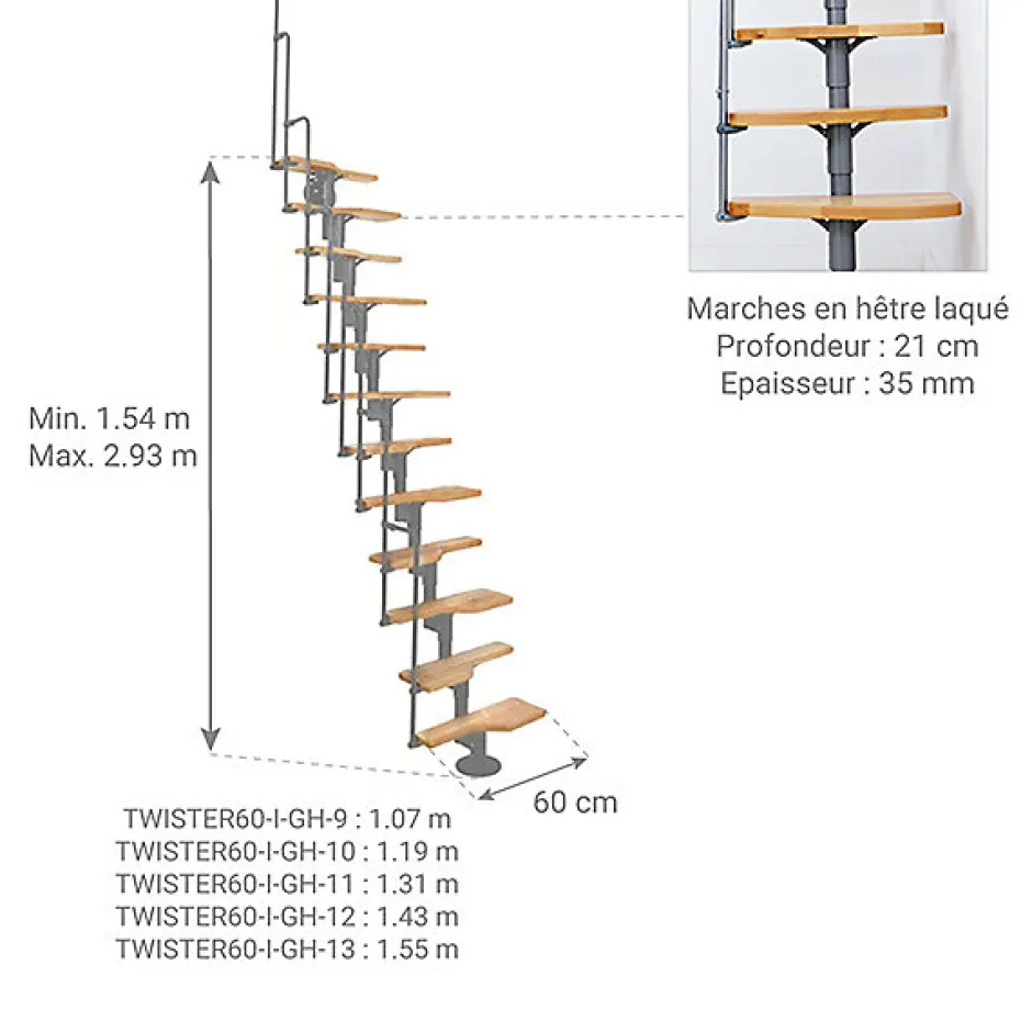 Escalier droit 10 marches - Hauteur à franchir 1.89 à 2.48m - Gris et hêtre - TWISTER60-I-GH-10-Matisere Sale