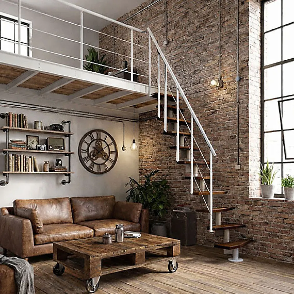 Escalier droit 13 marches - Hauteur à franchir 2.41 à 3.17m - Largeur 65cm - Structure blanche et marche noyer --Matisere Online