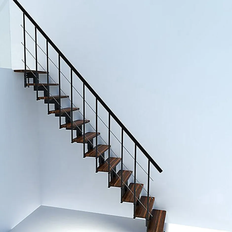 Matisere Escalier droit 14 marches - Hauteur à franchir 2.97 à 3.60m - Largeur 80cm - Structure noire et marche noyer - COMFO80/I/NN-14