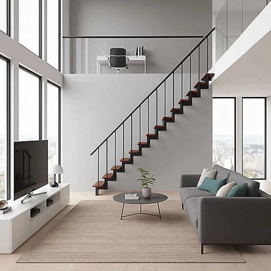 Escalier droit 8 marches - Hauteur à franchir 1.85 à 2.16m - Largeur 80cm - Structure grise et marche hêtre - COMFO80/I/GB-8-Matisere Best