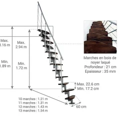 Escalier droit 11 marches - Hauteur à franchir 2.06 à 2.70m- Largeur 65cm - Structure grise et marche noyer - NIZZA60/I/SGMNO-11-Matisere Outlet