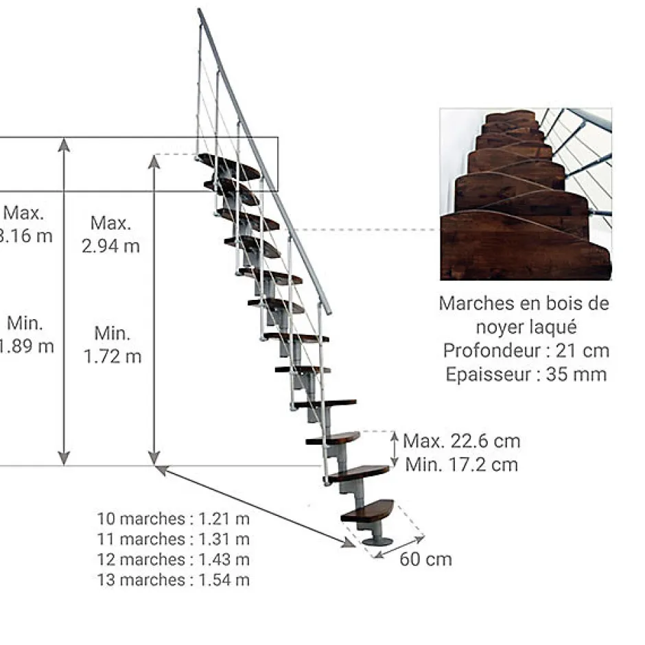 Escalier droit 11 marches - Hauteur à franchir 2.06 à 2.70m- Largeur 65cm - Structure grise et marche noyer - NIZZA60/I/SGMNO-11-Matisere Outlet