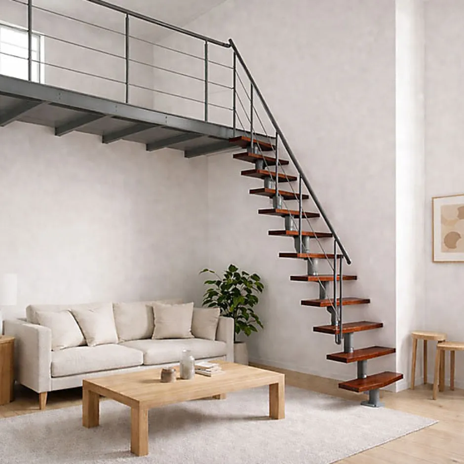 Escalier droit 11 marches - Hauteur à franchir 2.06 à 2.70m- Largeur 65cm - Structure grise et marche noyer - NIZZA60/I/SGMNO-11-Matisere Outlet