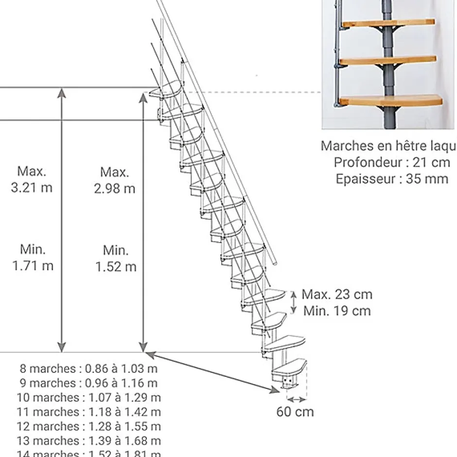 Escalier droit 10 marches - Hauteur à franchir 2.09 à 2.29m - Largeur 65cm - Structure grise et marche hêtre - QUATR65/I-GB-10-Matisere Clearance
