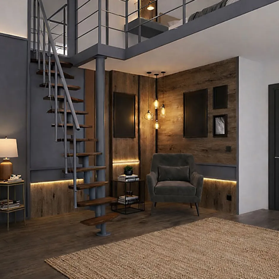 Escalier droit 12 marches - Hauteur à franchir 2.23 à 2.94m- Largeur 65cm - Structure grise et marche noyer - NIZZA60/I/SGMNO-12-Matisere