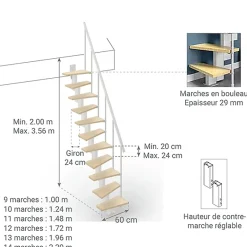 Matisere Escalier droit 14 marches - Hauteur à franchir de 3.00 à 3.56m - Largeur 60cm - Couleur bois et blanc - SMALL60/I-SBNAT-14