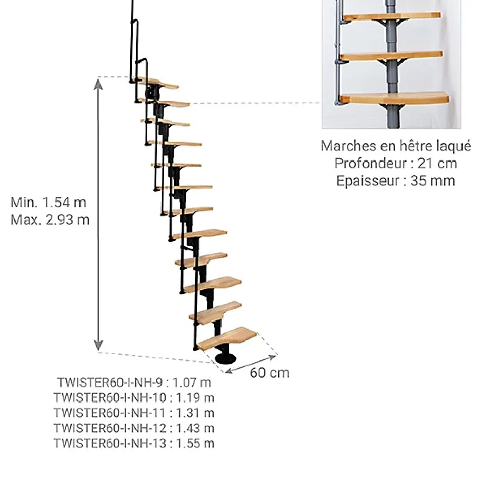 Escalier droit 11 marches - Hauteur à franchir 2.06 à 2.71m - Noir et Hêtre - TWISTER60-I-NH-11-Matisere New